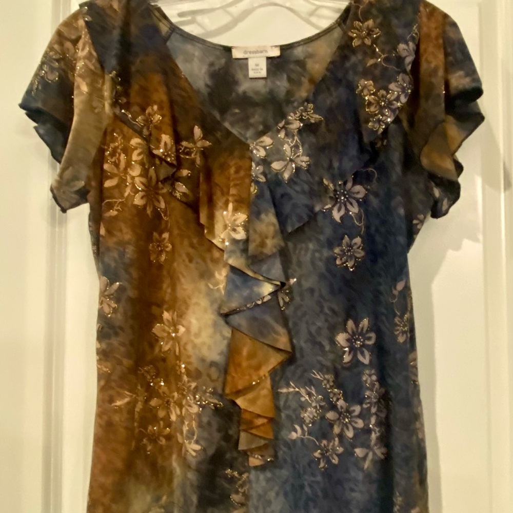 Dress barn Brown and Blue Ruffled Blouse